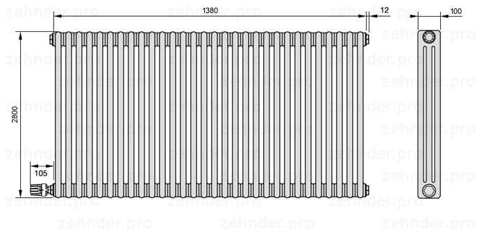 Схема (чертеж) Радиатор Zehnder Charleston 3280/30 №V004 Белый глянцевый RAL 9016